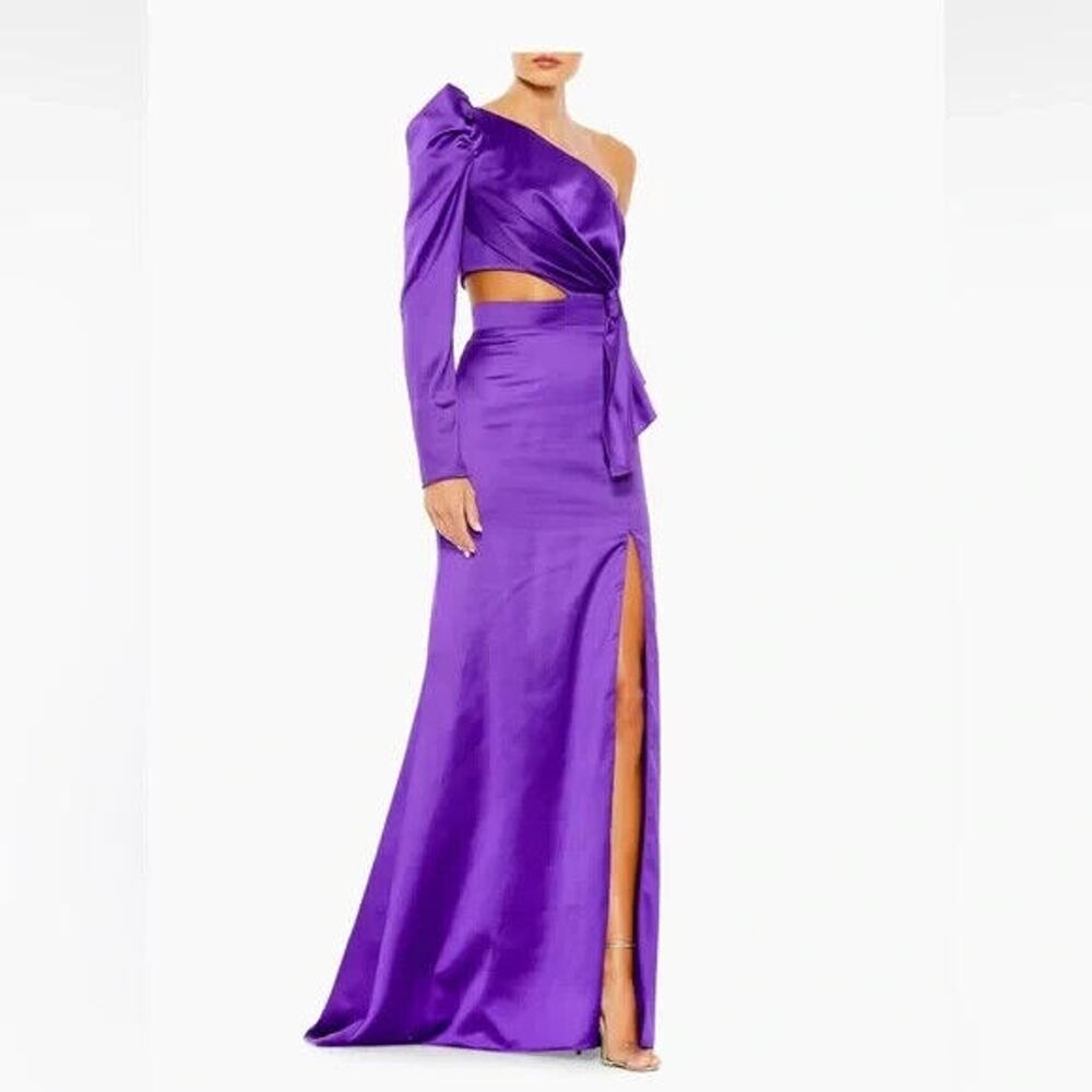 Purple Mac Duggal One Sleeve Cut Out Satin formal gown
